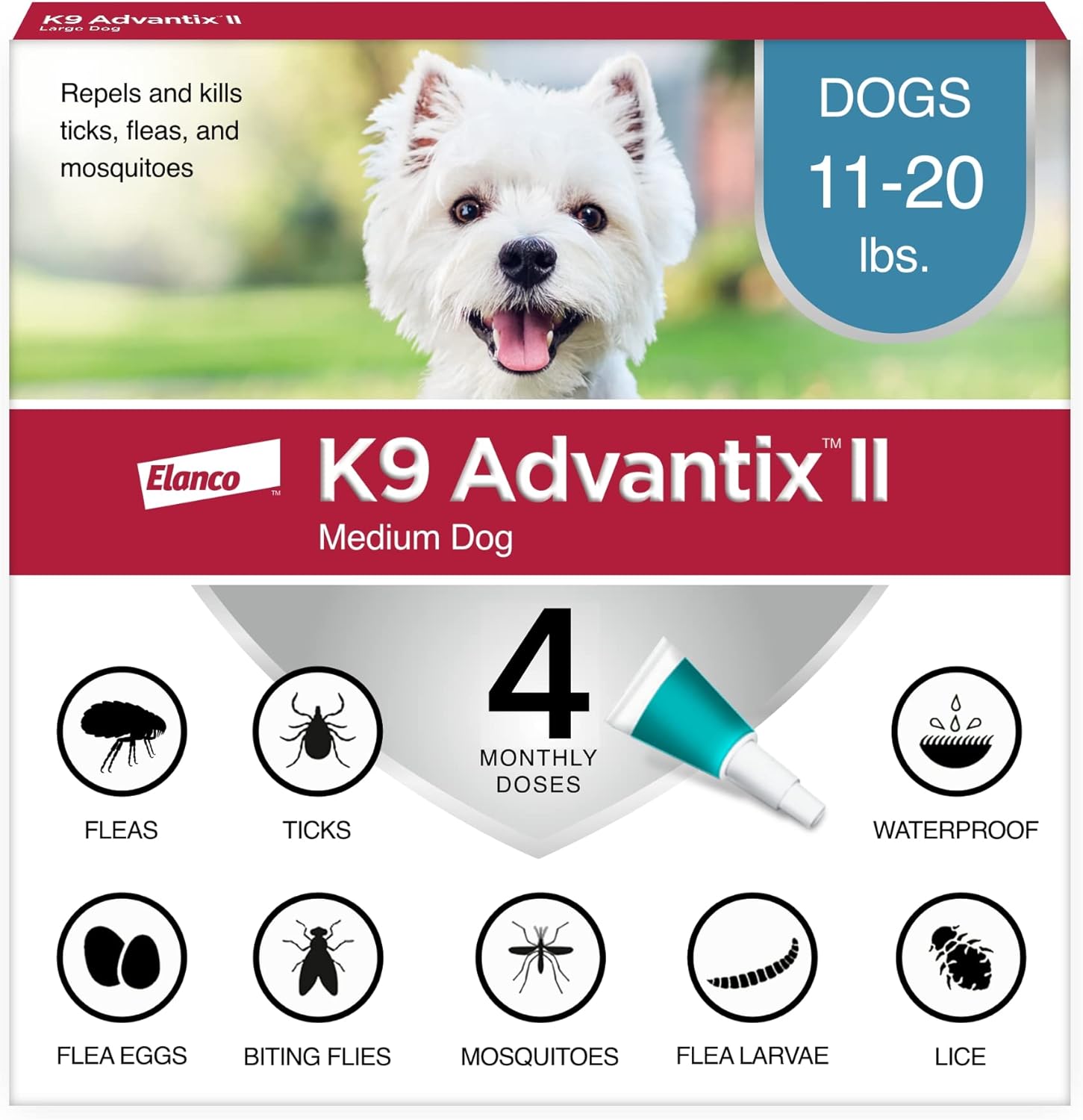 K9 Advantix II Medium Dog Vet Recommended Flea, Tick & Mosquito Treatment & Prevention Dogs 11 20 lbs. 4 Mo Supply